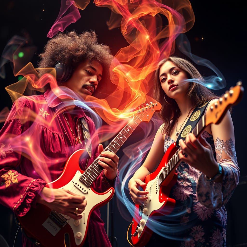 Jimi Hendrix and Female Guitarist Jamming in Studio