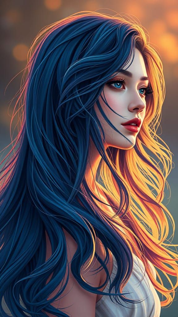 Ethereal Woman of Serene Beauty in Soft Blue and Purple Hues