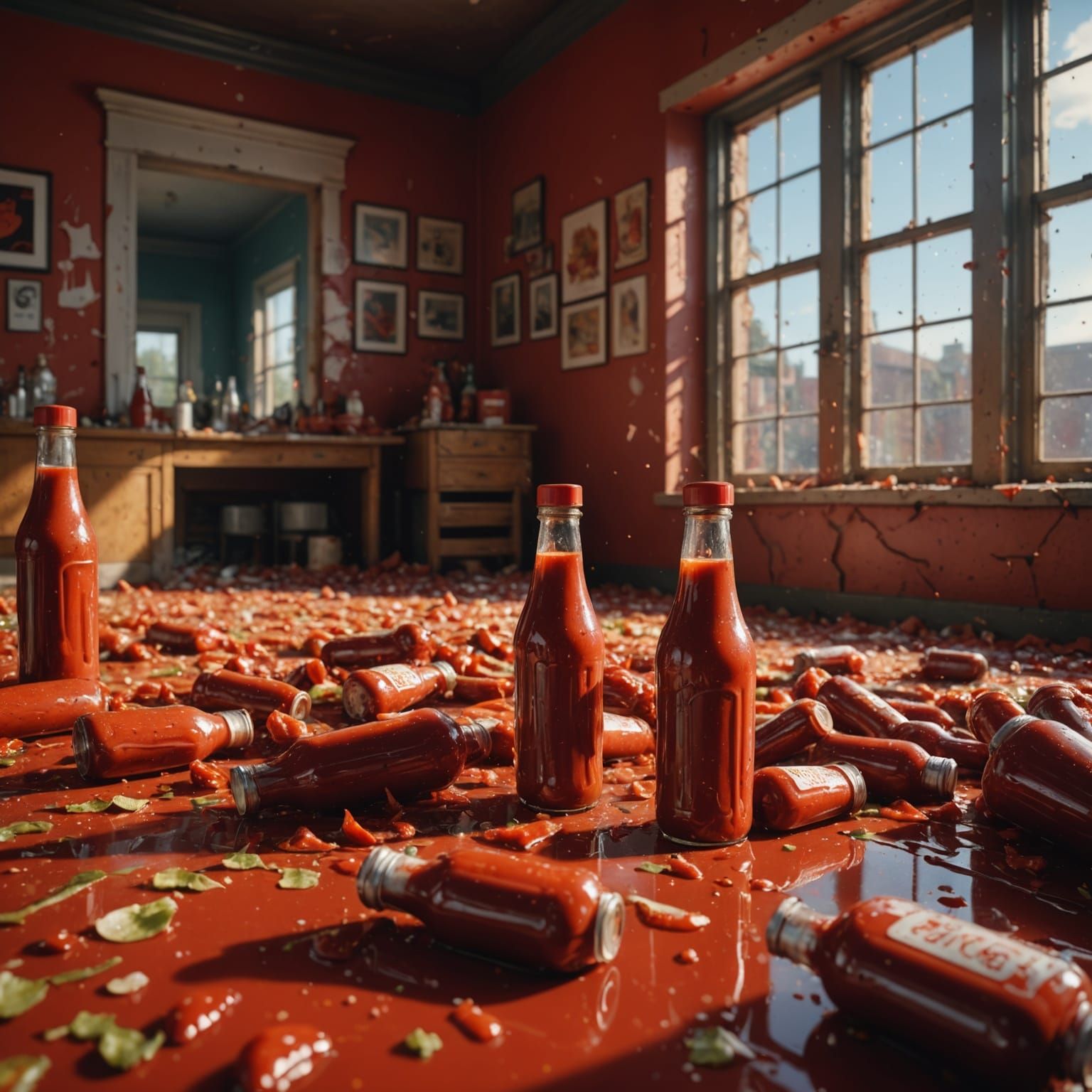 Splattered Ketchup Bottles in a Hyperrealistic Scene