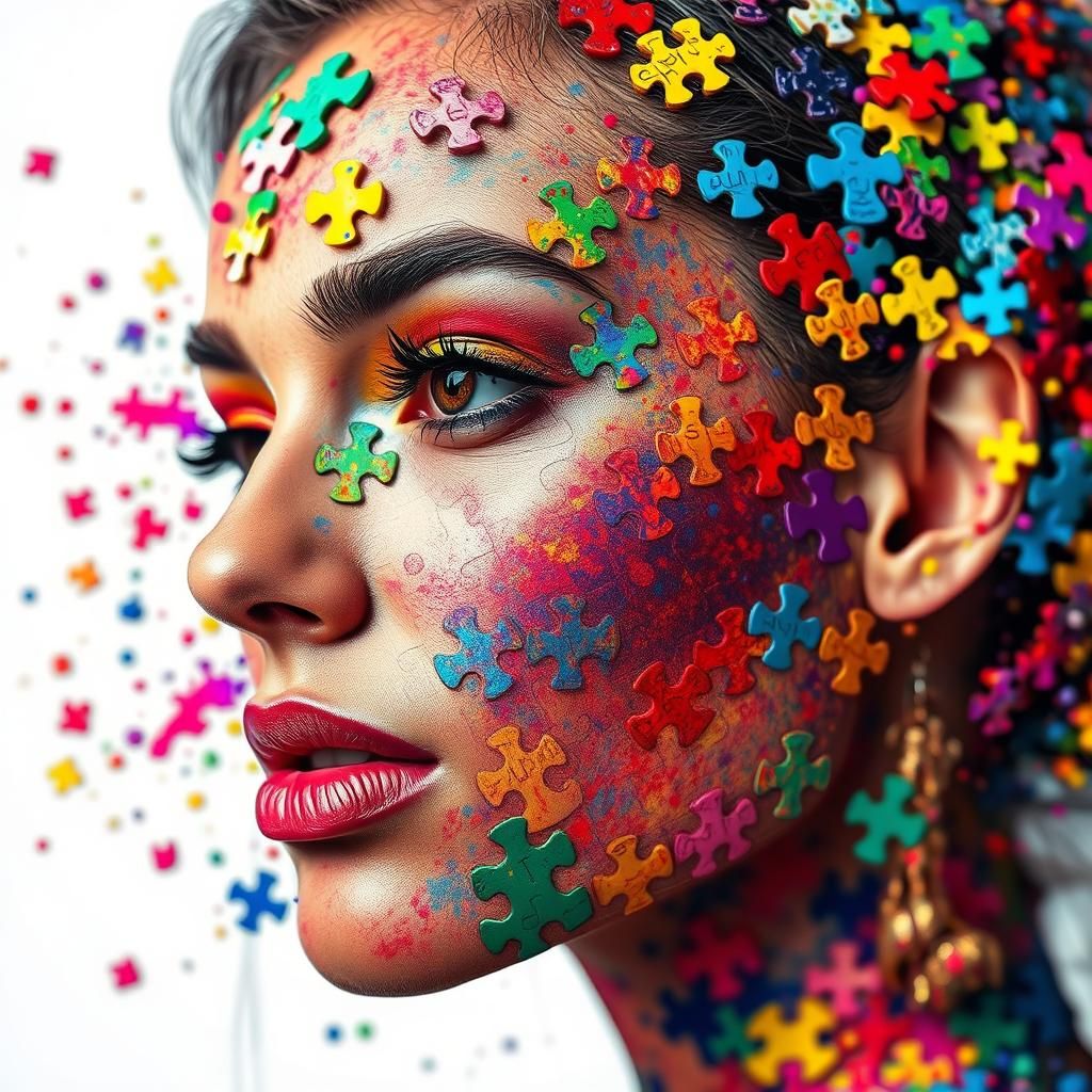 Kaleidoscopic Puzzle Portrait of Woman with Missing Pieces