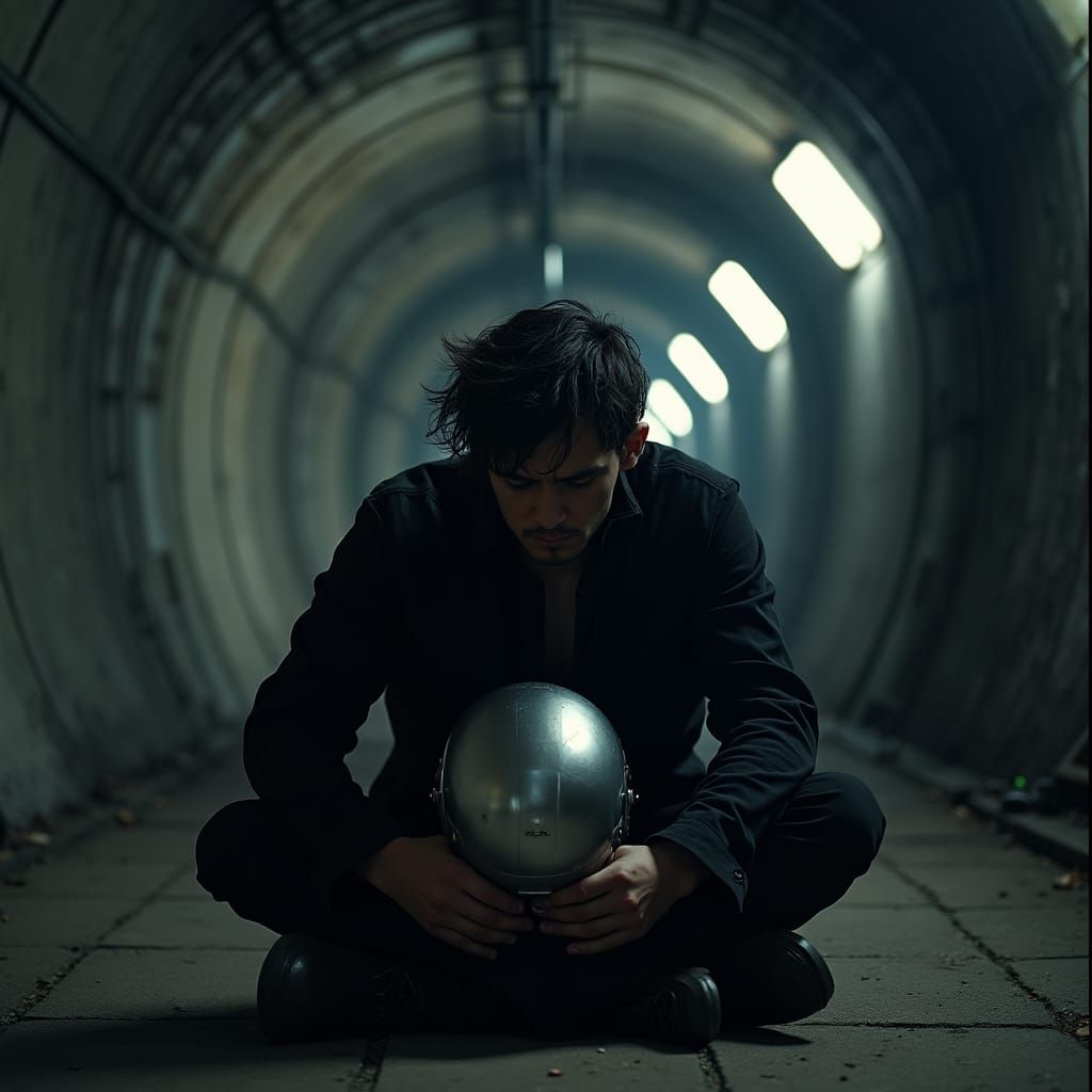Brooding Man with Silver Helmet in Tunnel