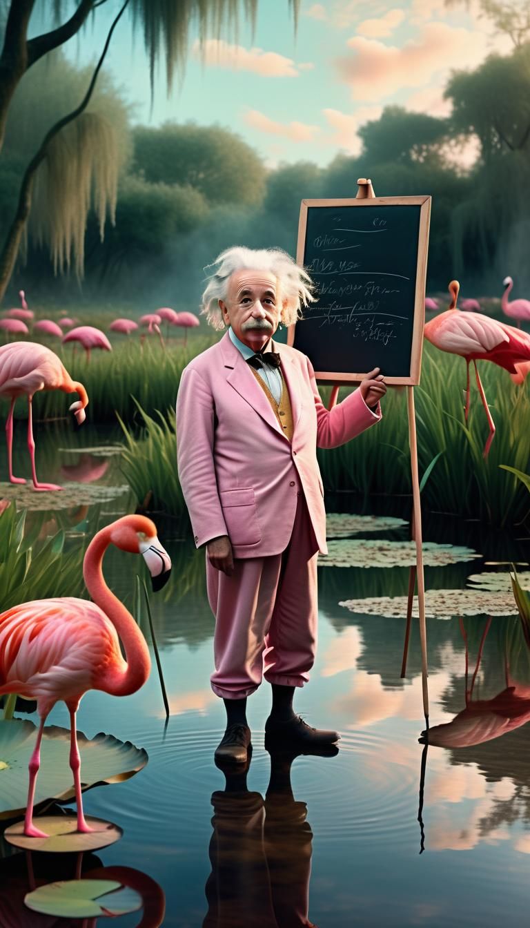 Einstein as Flamingo in Rousseau-Inspired Landscape