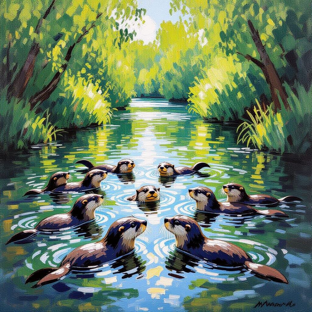 Playful Otters Swimming in Sun-Dappled River Oil Painting
