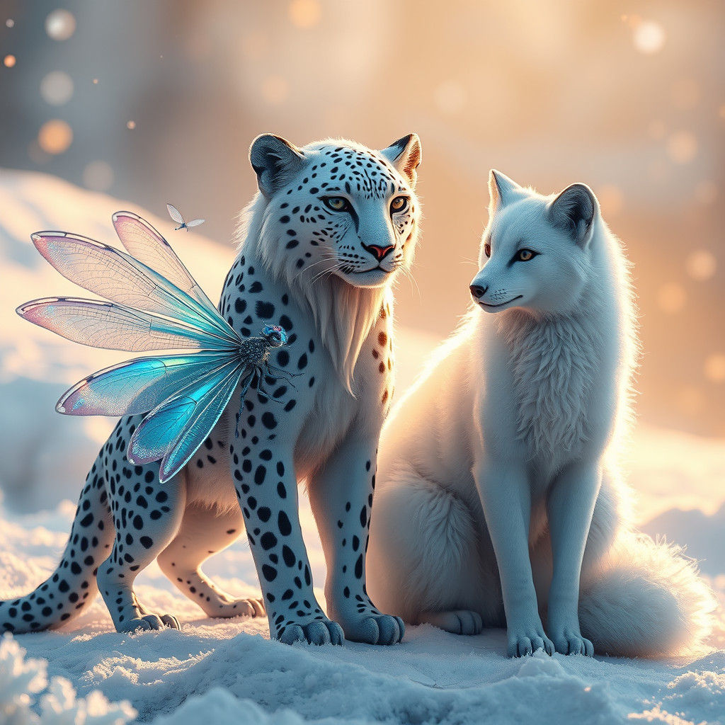 Snow Leopard, Fox, and Dragonfly in Winter Wonderland