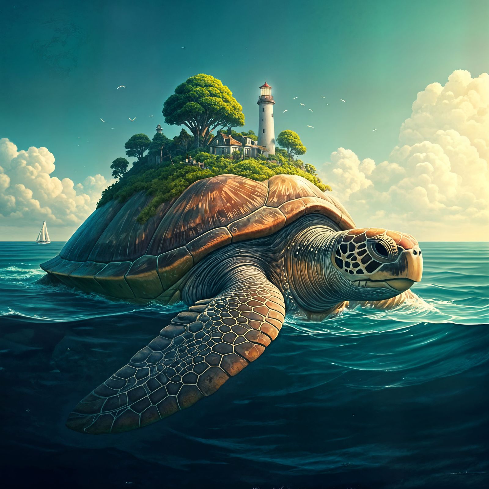 Gentle Giant Turtle in Whimsical Ocean Landscape