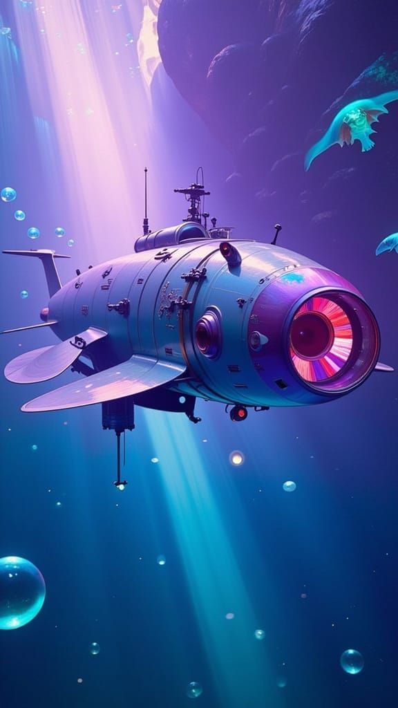 Axolotl Submarine in Vibrant Art Nouveau Style