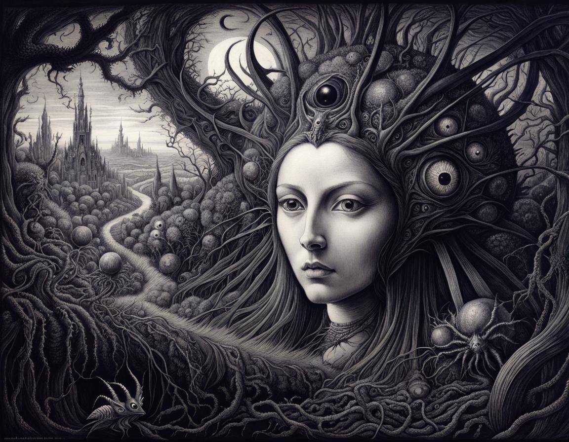 Surreal Landscape with Insectoid Creatures, Pen Drawing