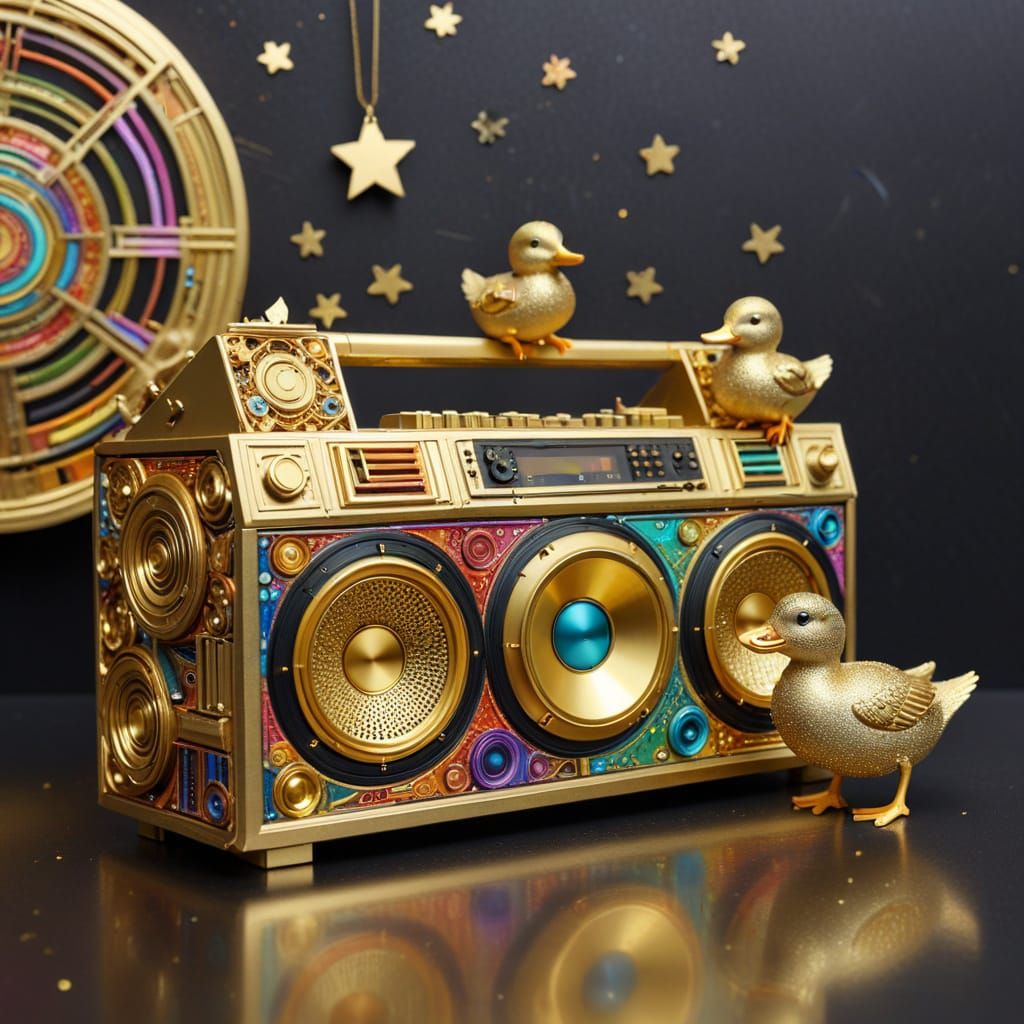 Rainbow Boombox with Playful Duckling in Art Nouveau Style