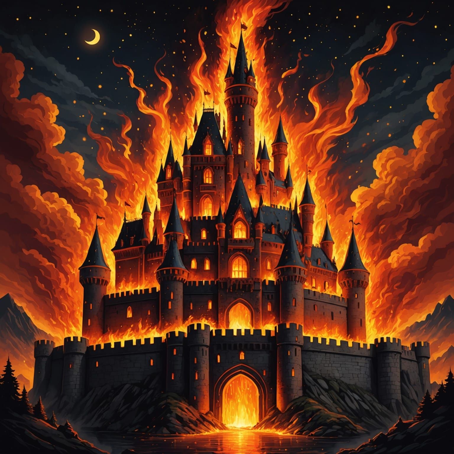Majestic Fire Castle Digital Illustration