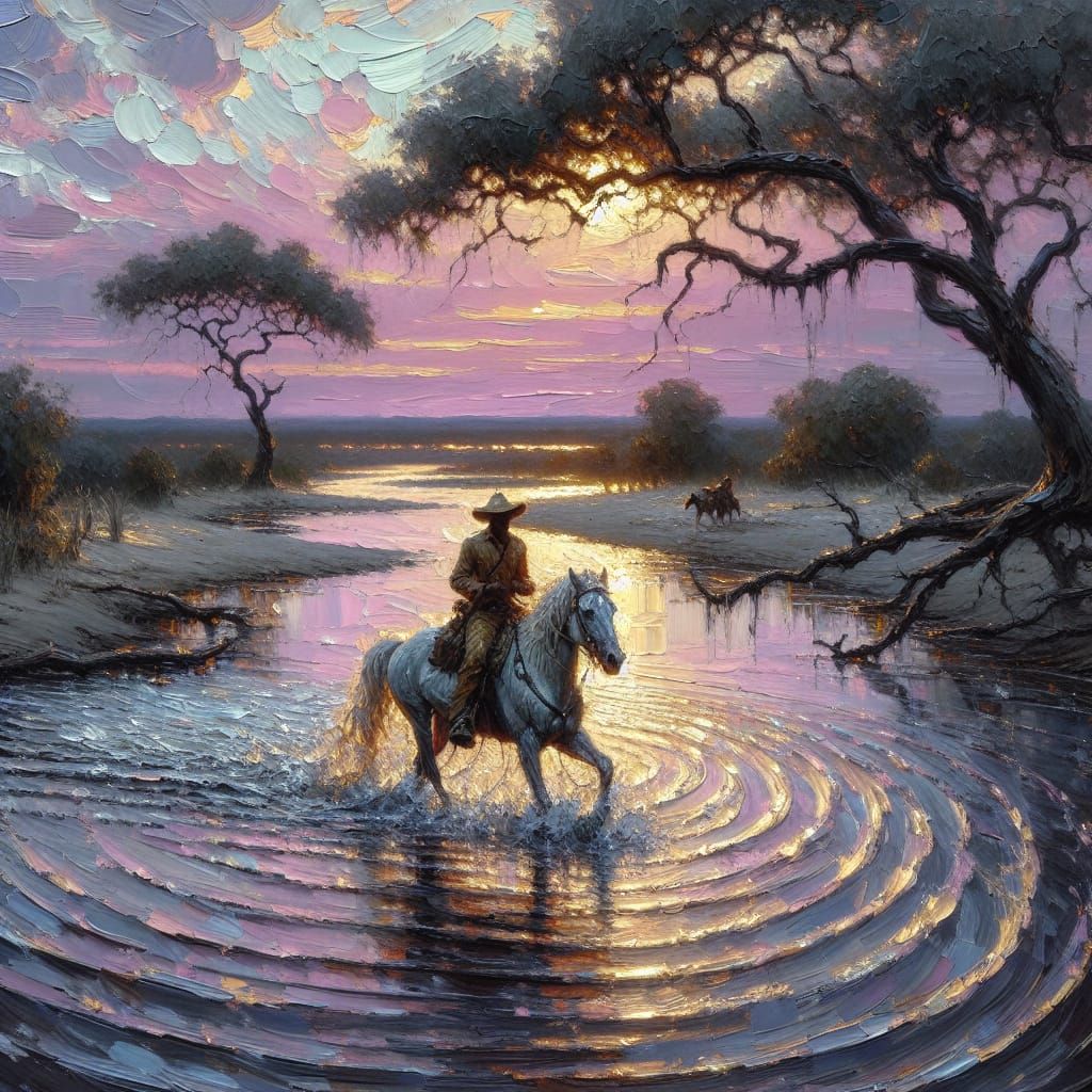 African Cowboy on Horseback in Impasto River Scene