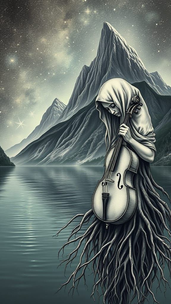 Goddess Mountain Sepia Tattoo Design Above Crystal Lake