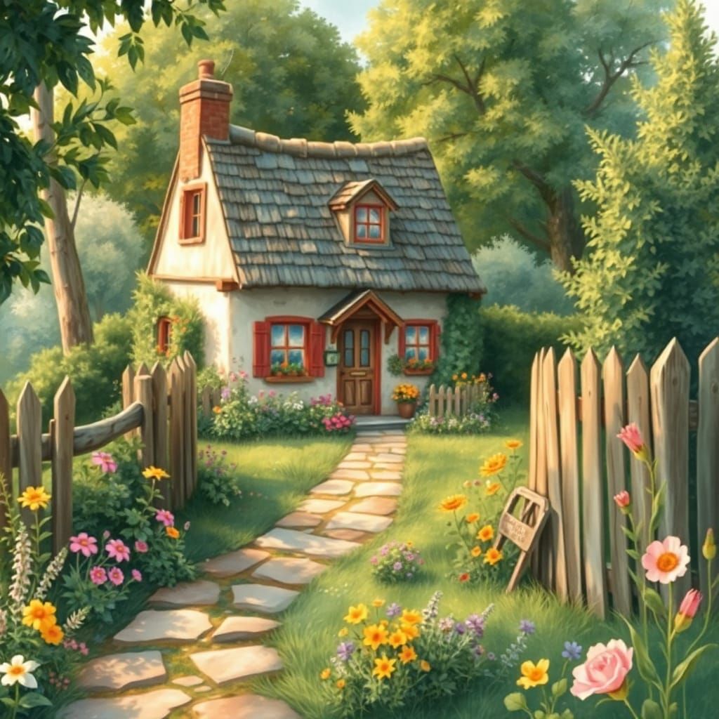 Cozy Whimsical Cottage Amidst Vibrant Wildflowers and Greene...