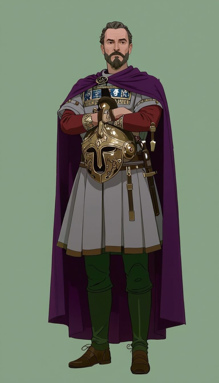 Emperor in Purple Cloak Holds Ancient Helmet