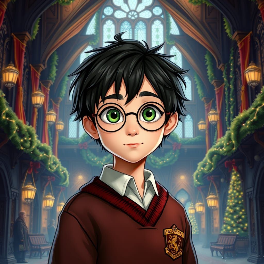 Festive Hogwarts Great Hall Scene with Boy in Uniform