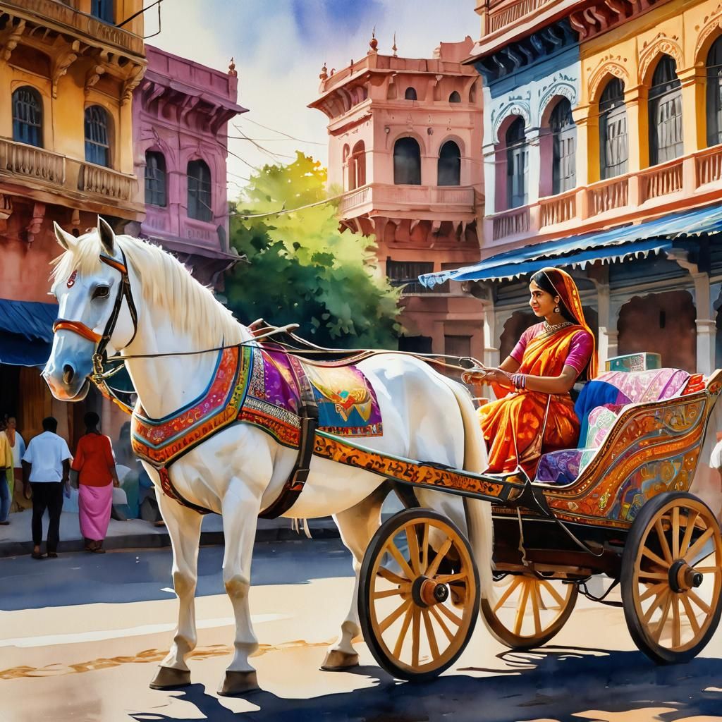 Indian Horse Cart in City, Vibrant Folk Art