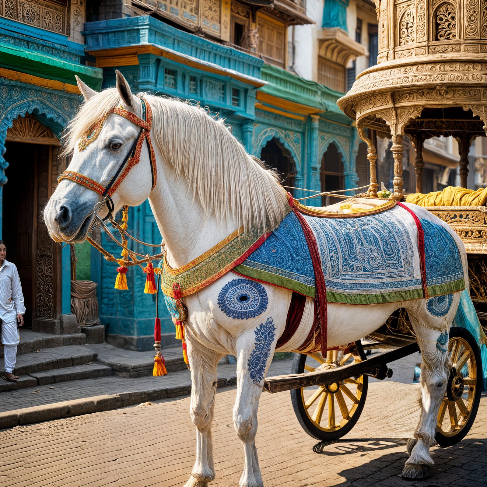Ornate Indian Horse Cart with Woman in Saree