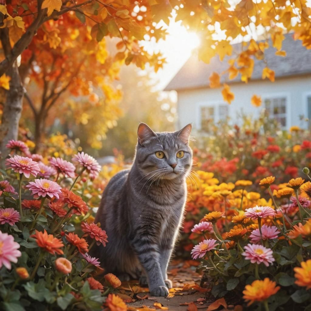 Grey Cat in Autumn Flower Garden Watercolor