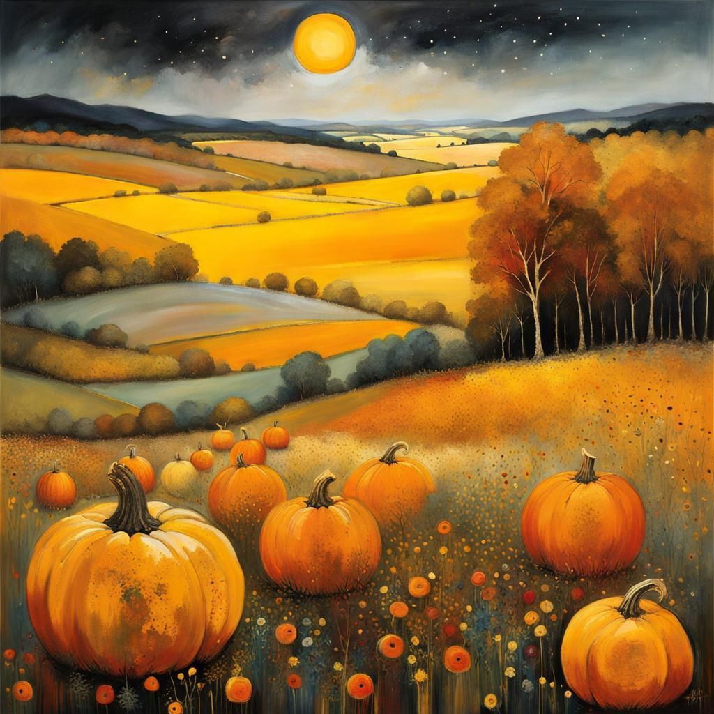 Intricately Carved Pumpkins in Dreamy Autumn Landscape