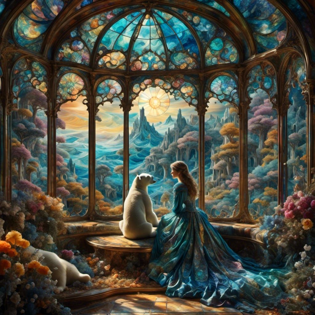 Woman and Polar Bear in Stained Glass Fractal Art