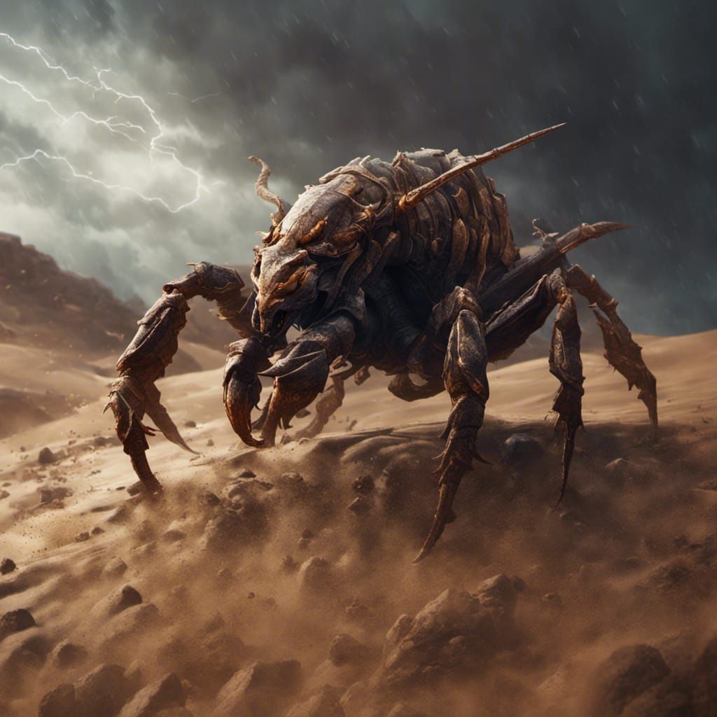 Scorpion in Stormy Desert: Dark Fantasy Art