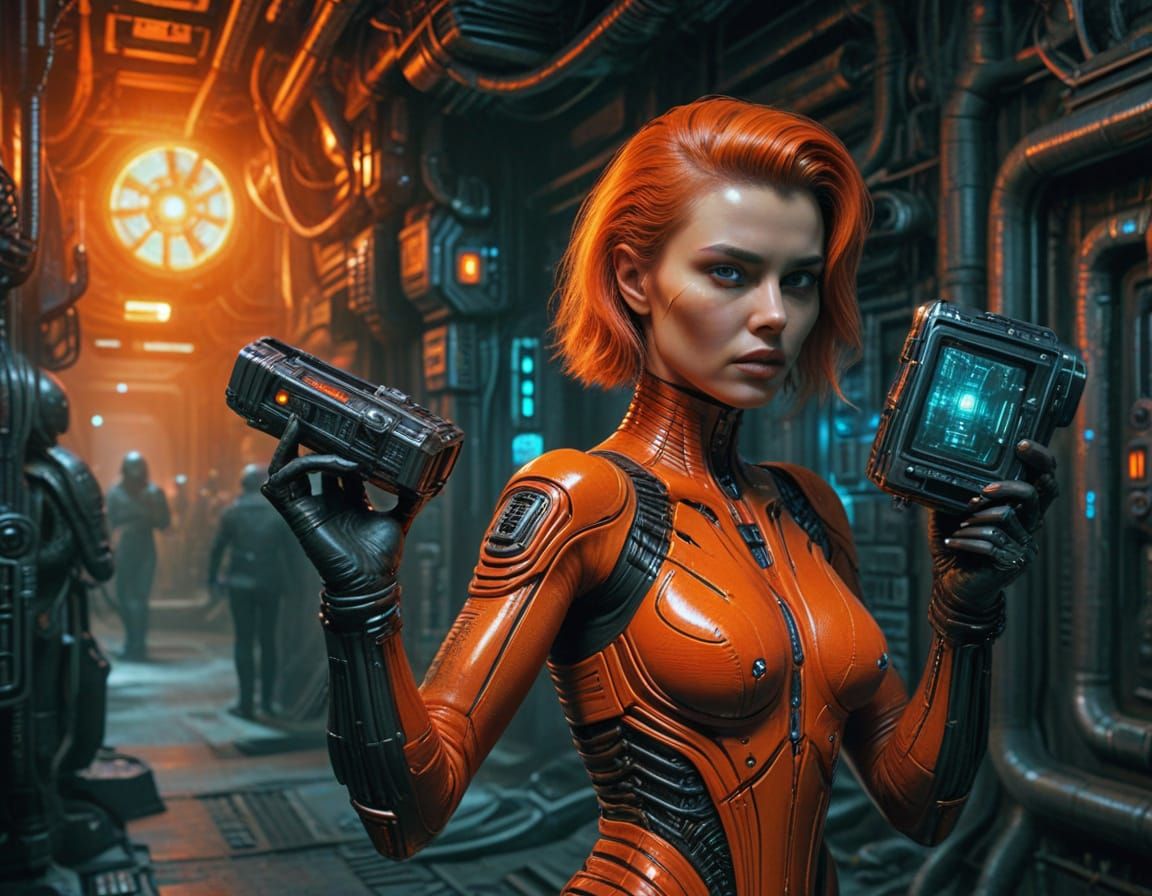 Sci-Fi Woman with Futuristic Tech in Neon Alleys