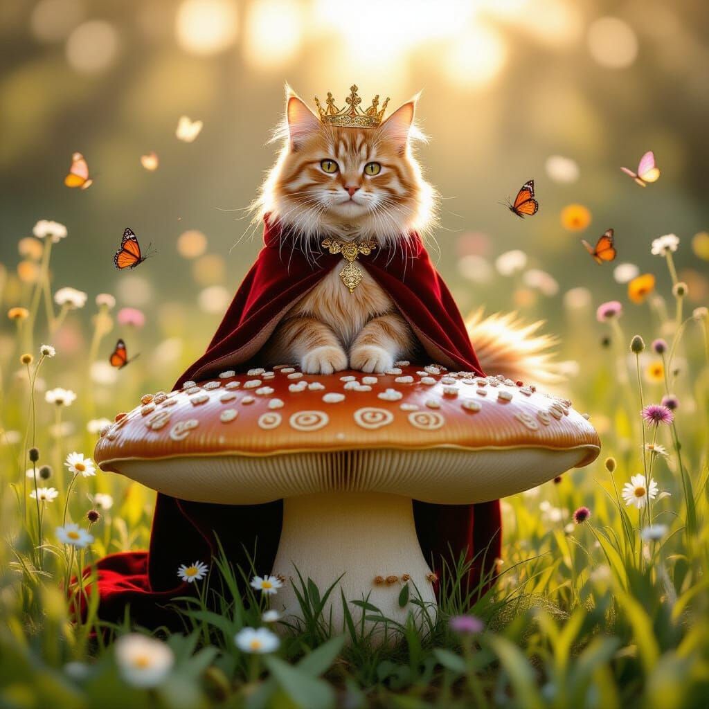 Crowned Cat King on Mushroom Throne