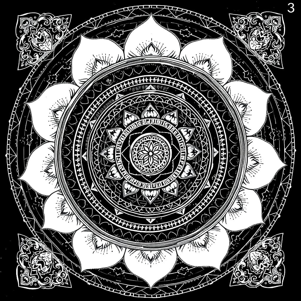 thousand petaled lotus yantra triangle with bindu dot  within 8 petaled lotus flower black ink on paper sanskrit