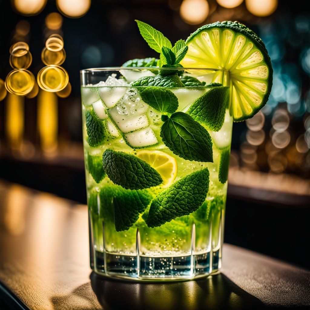 A glass of mojito on bar counter