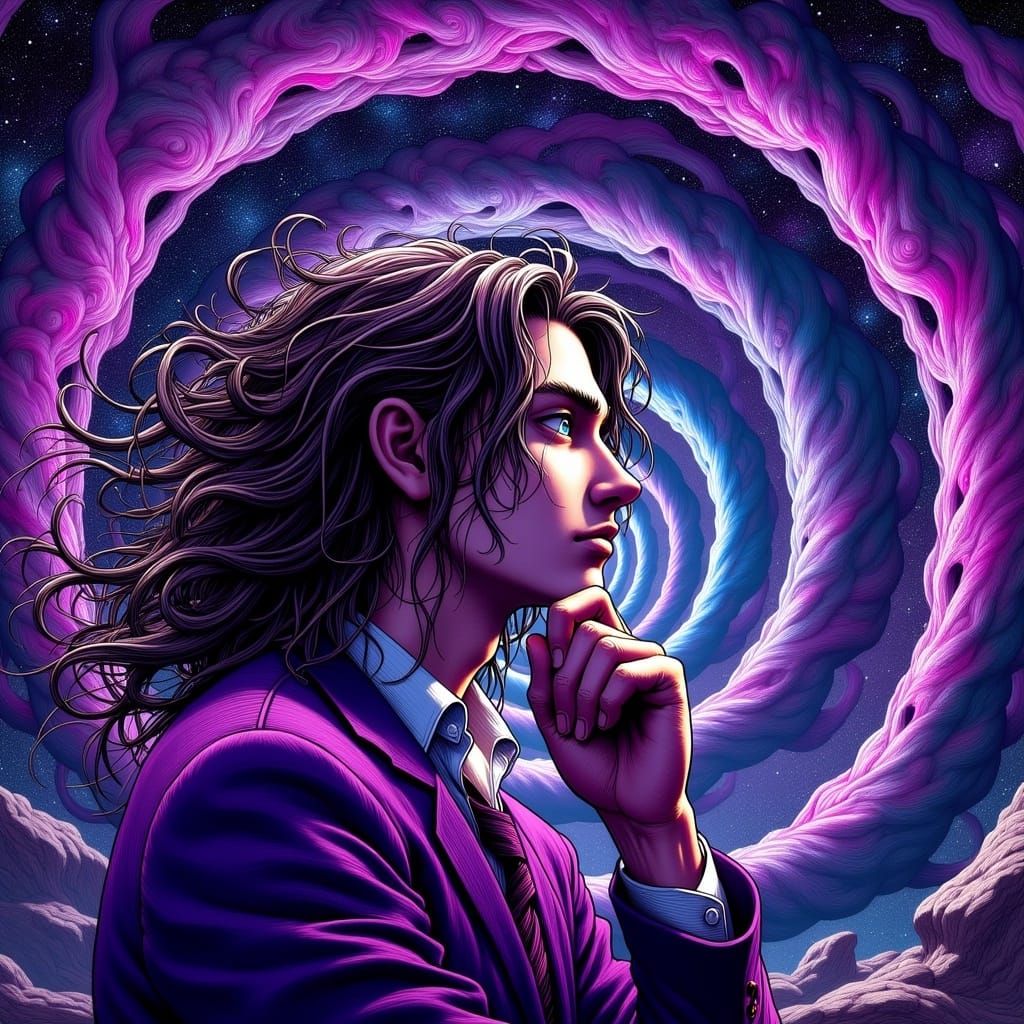 Pondering Man with Galaxy Backdrop in Junji Ito Style