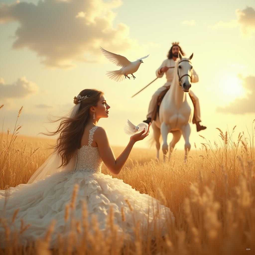 Hyper Realistic Woman in Field of Wheat with Dove and White ...