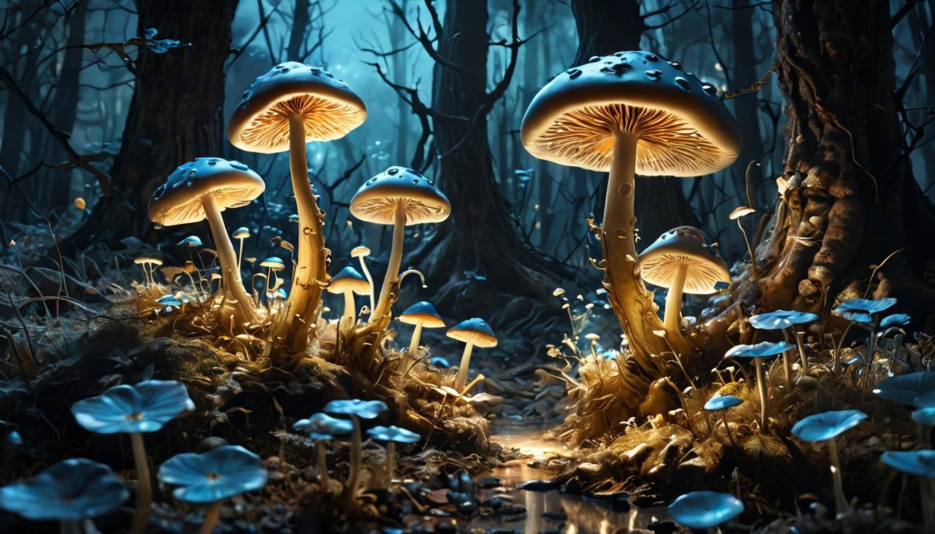 Luminous Mushrooms in Moonlit Woods: Surreal Oil Painting