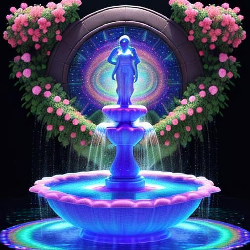 Retro Water Fountain in Cosmic Illustration Style