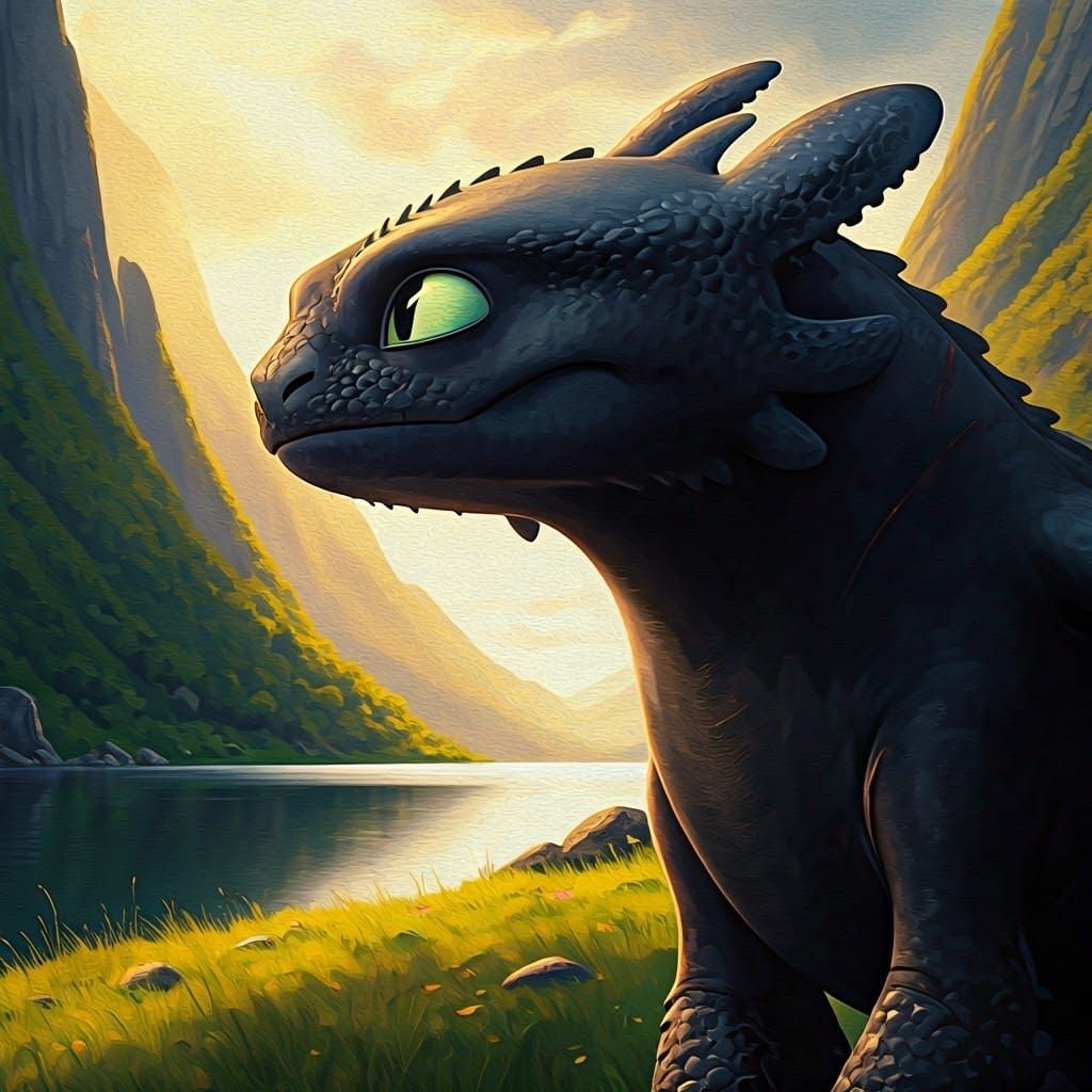 Hiccup and Toothless in Gouache Style