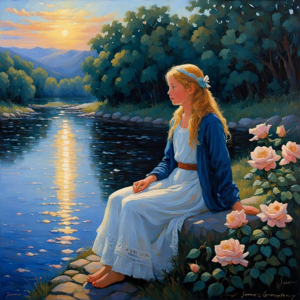 Fair-Haired Girl in Sunny Town, Oil Painting