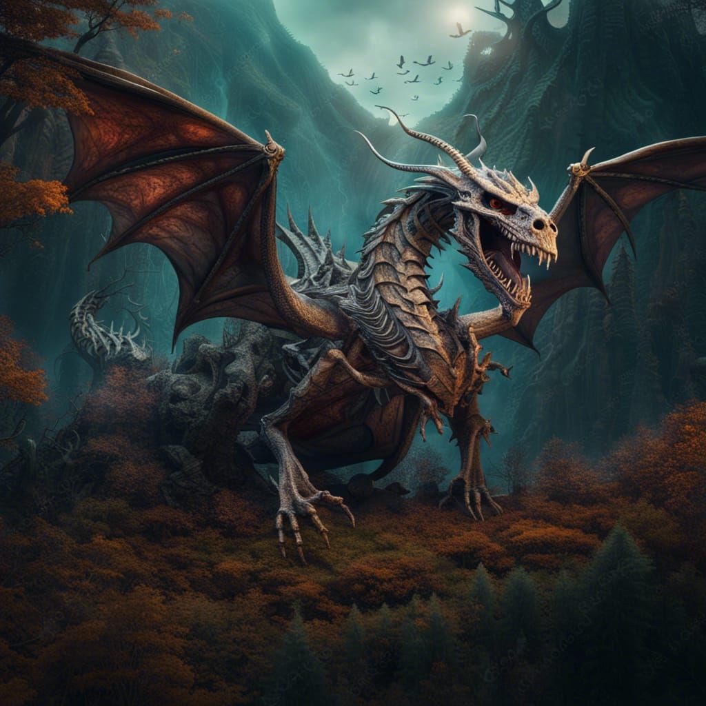 Mountain-Sized Dragon Skeleton in Haunted Forest