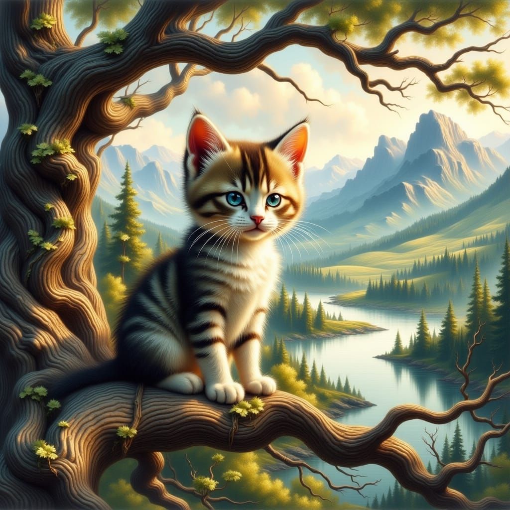 Whimsical Kitten Contemplates Majestic Landscape in Watercol...