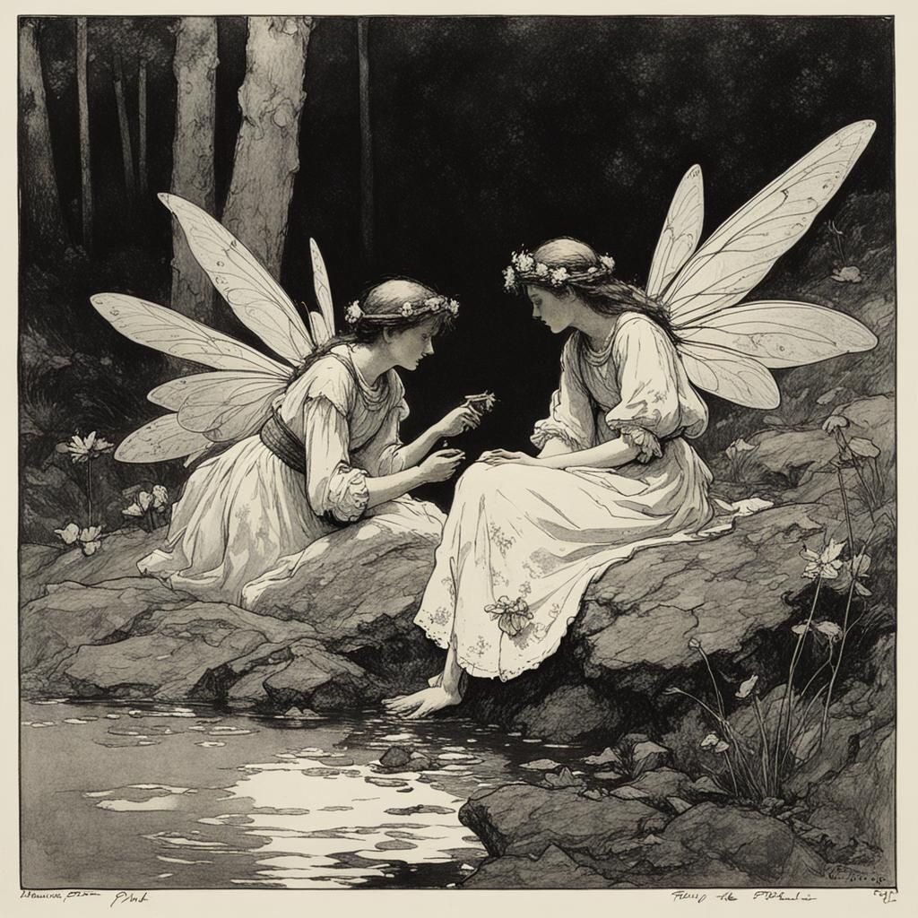 Fairies Dancing in Misty Forest, Classic Illustration