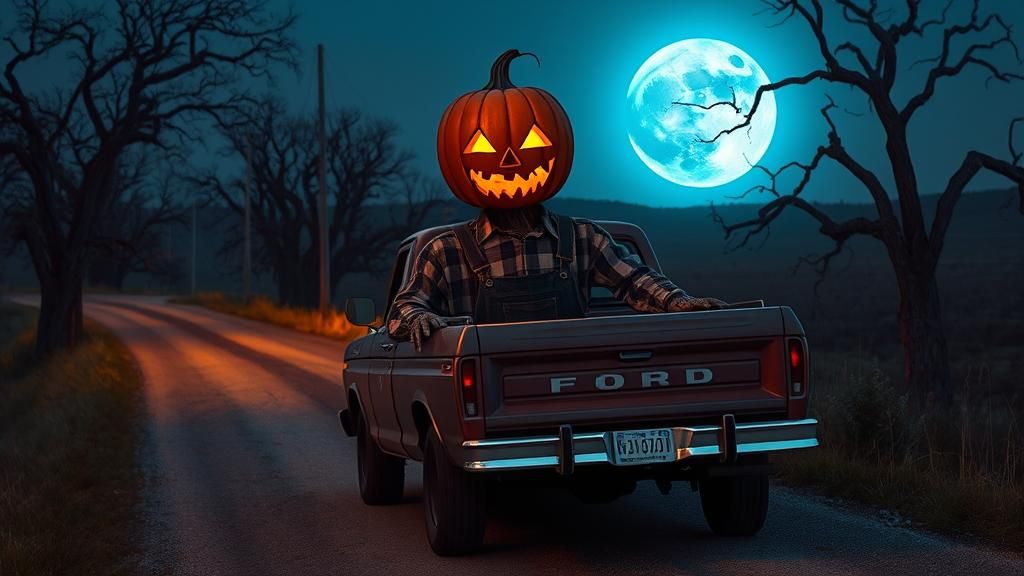 Scarecrow Drives Truck Under Moonlight, Surreal Digital Art