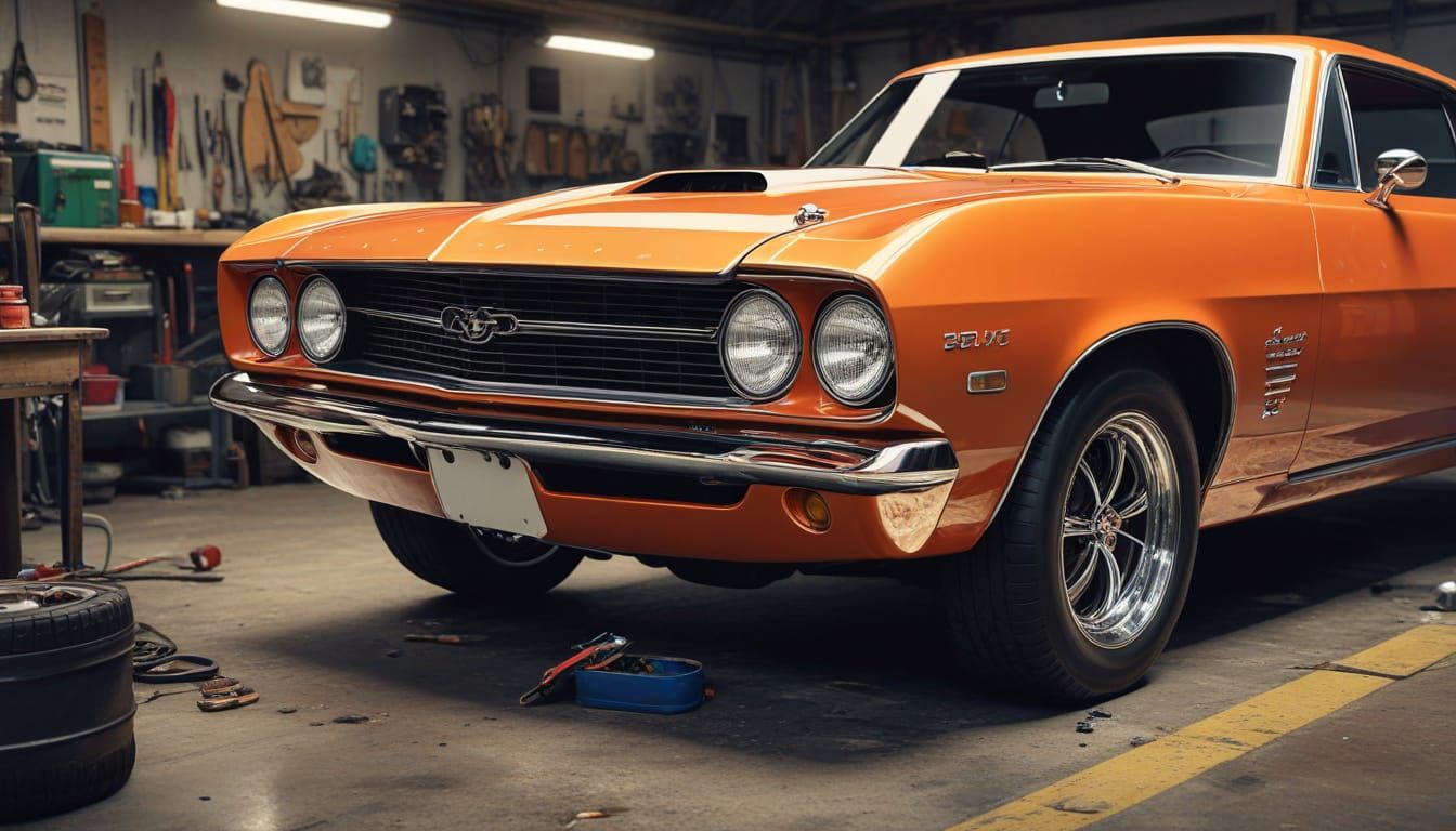 Muscle Car Restoration in Vibrant Workshop