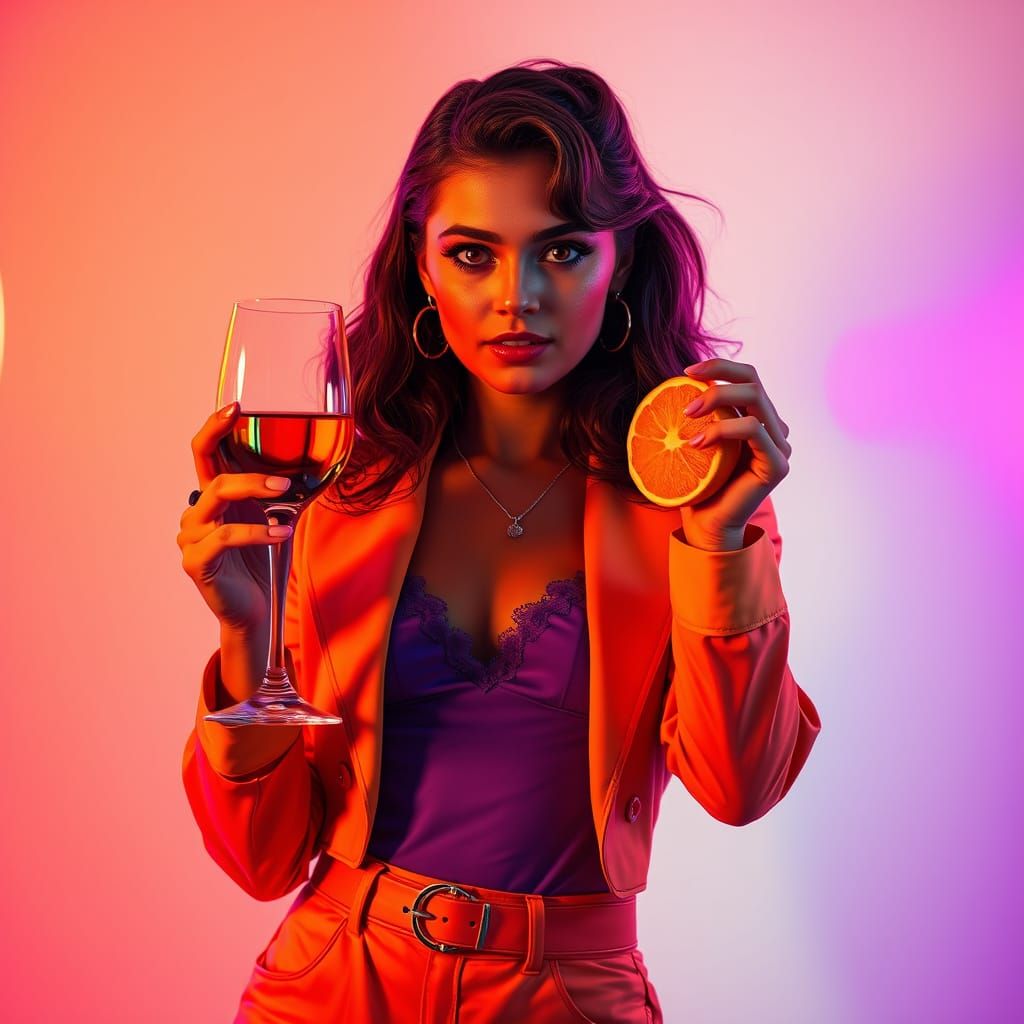 Young Woman in 80s-Inspired Outfit, Holding Wine and Peeling...