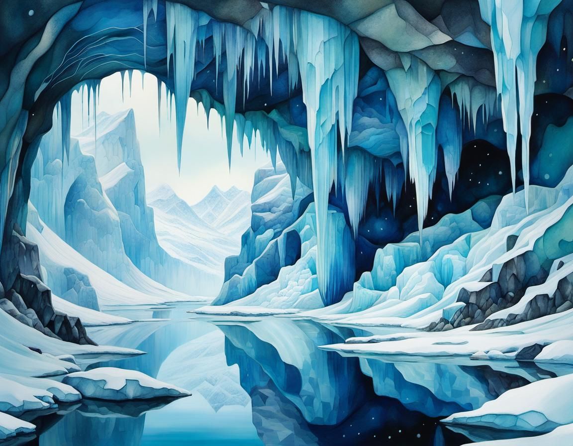 Glacier Blue Ice Caves: Whimsical Minimalist Illustration