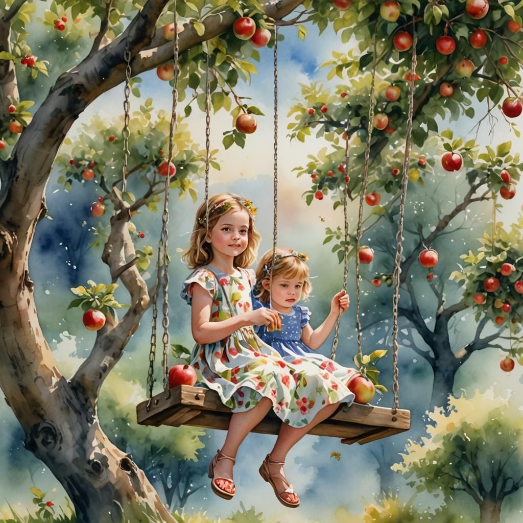 Girl on Apple Tree Swing in Watercolour Style