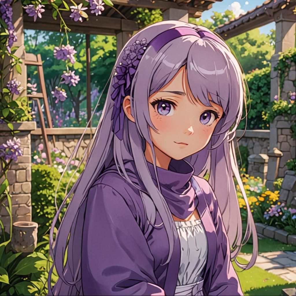 Anime Princess in Purple Gown with Flowers