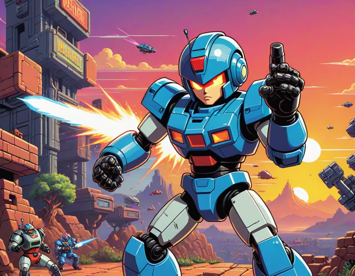 16-bit Cyborg Hero Blasts Robots in Pixel Art Style