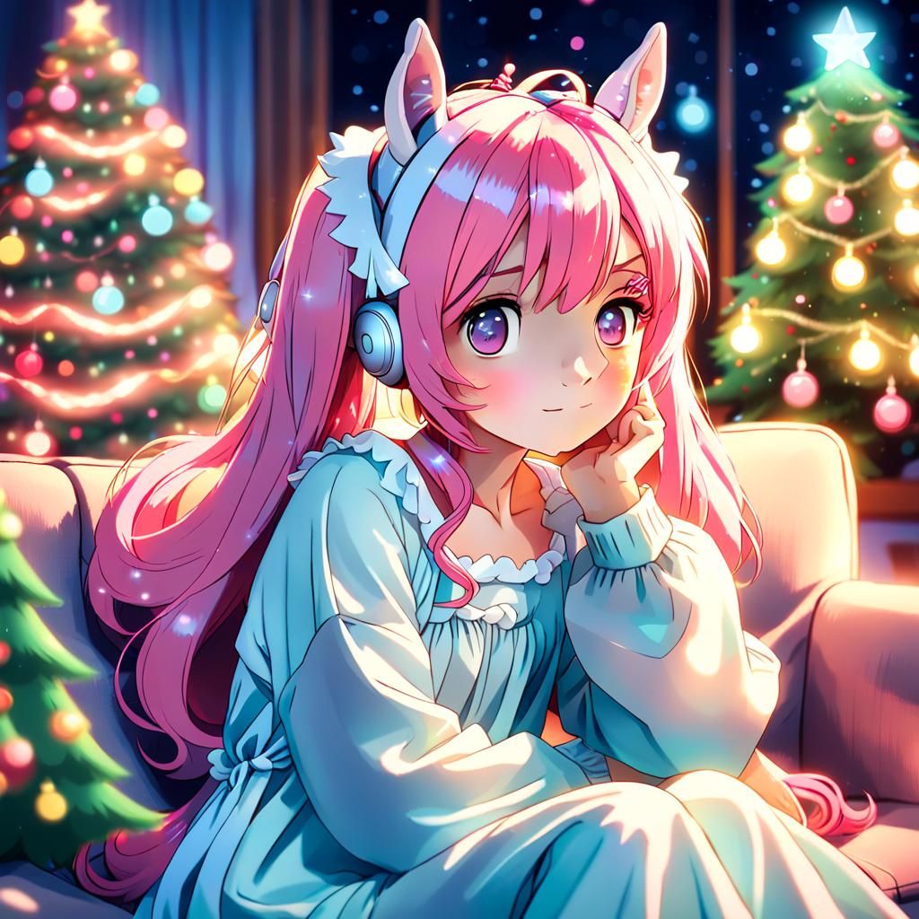 Pastel Anime Woman Sits on Sofa with Christmas Tree Nearby
