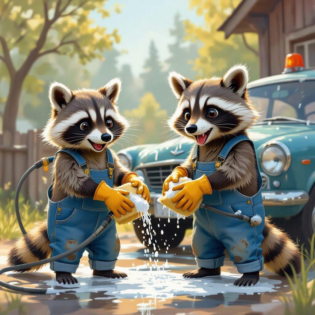 Racoons washing a car.