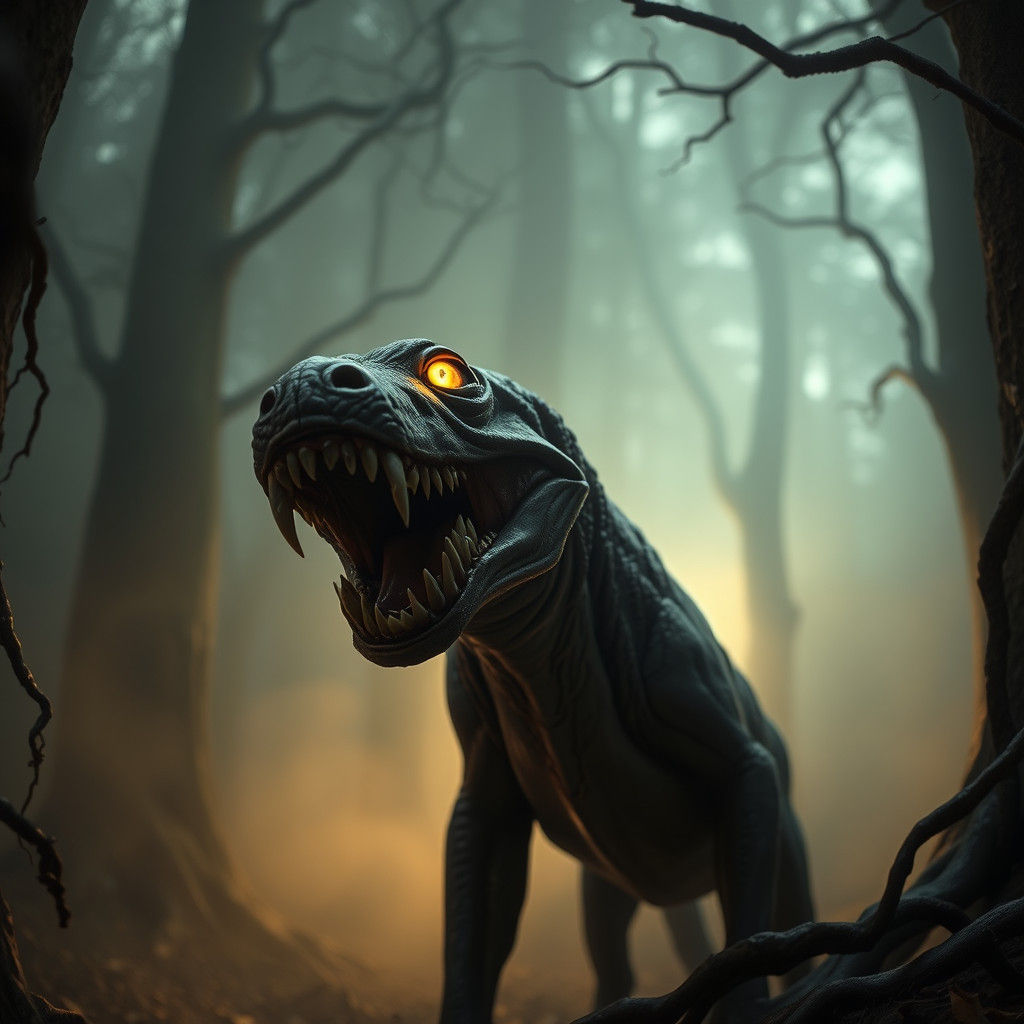 Grotesque Lamprey-Dog Hybrid in Mist-Shrouded Forest