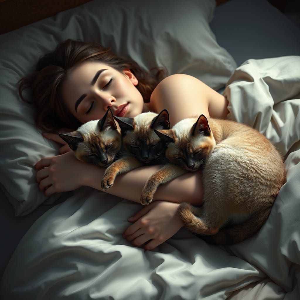 Woman Surrounded by Slumbering Siamese Cats in a Fantastical...