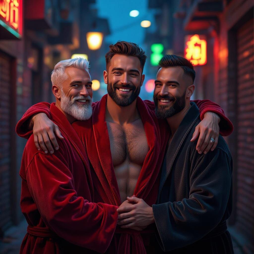 Joyful Men in Red Bathrobes in Colorful Alley