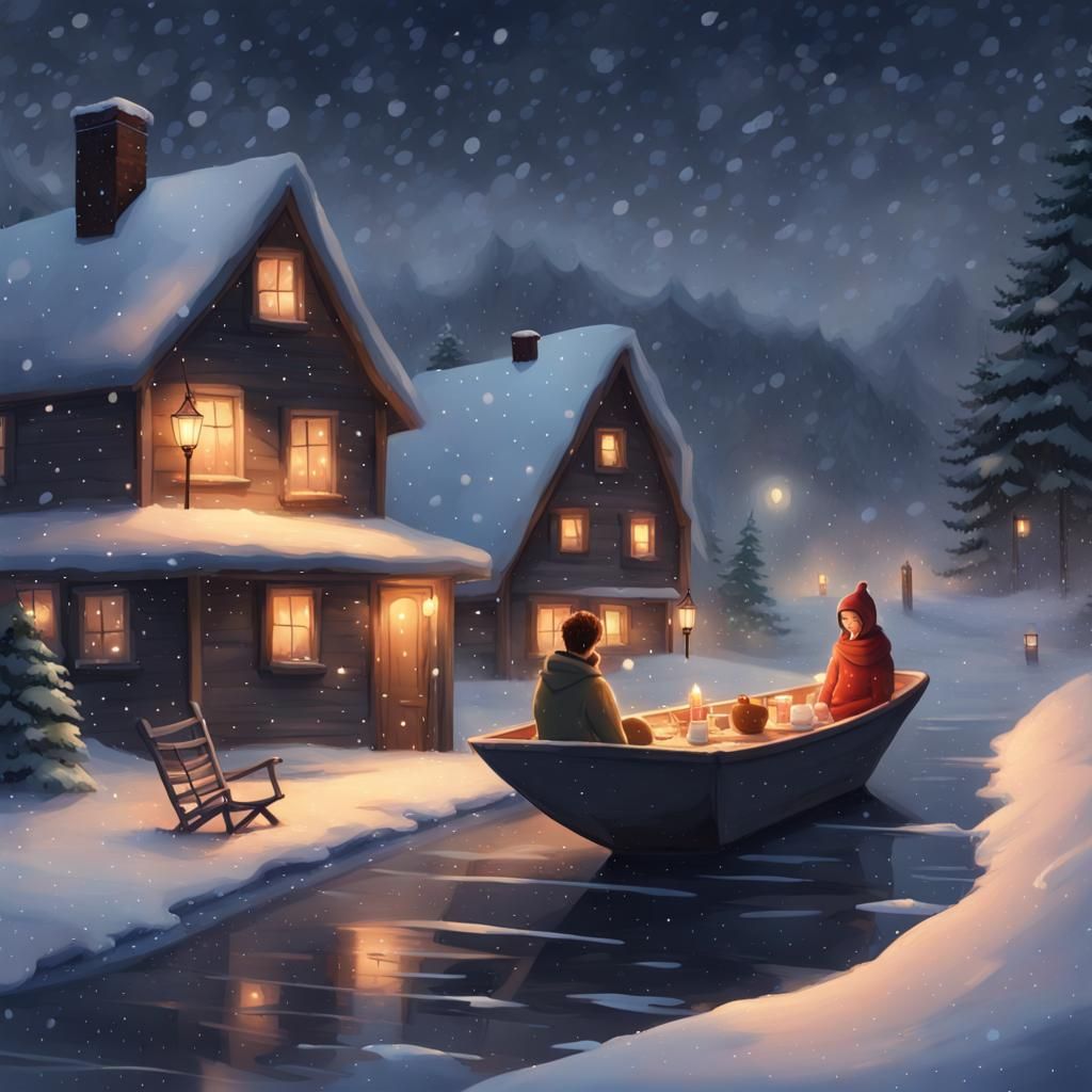 Cozy Winter Scene in Stylized Watercolor Illustration